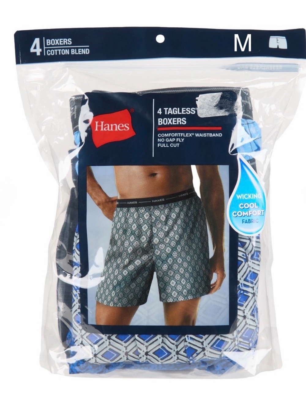 Hanes Men's 4-Pack Tagless Boxers - Blue Pattern Medium 32-34” JCBXY4